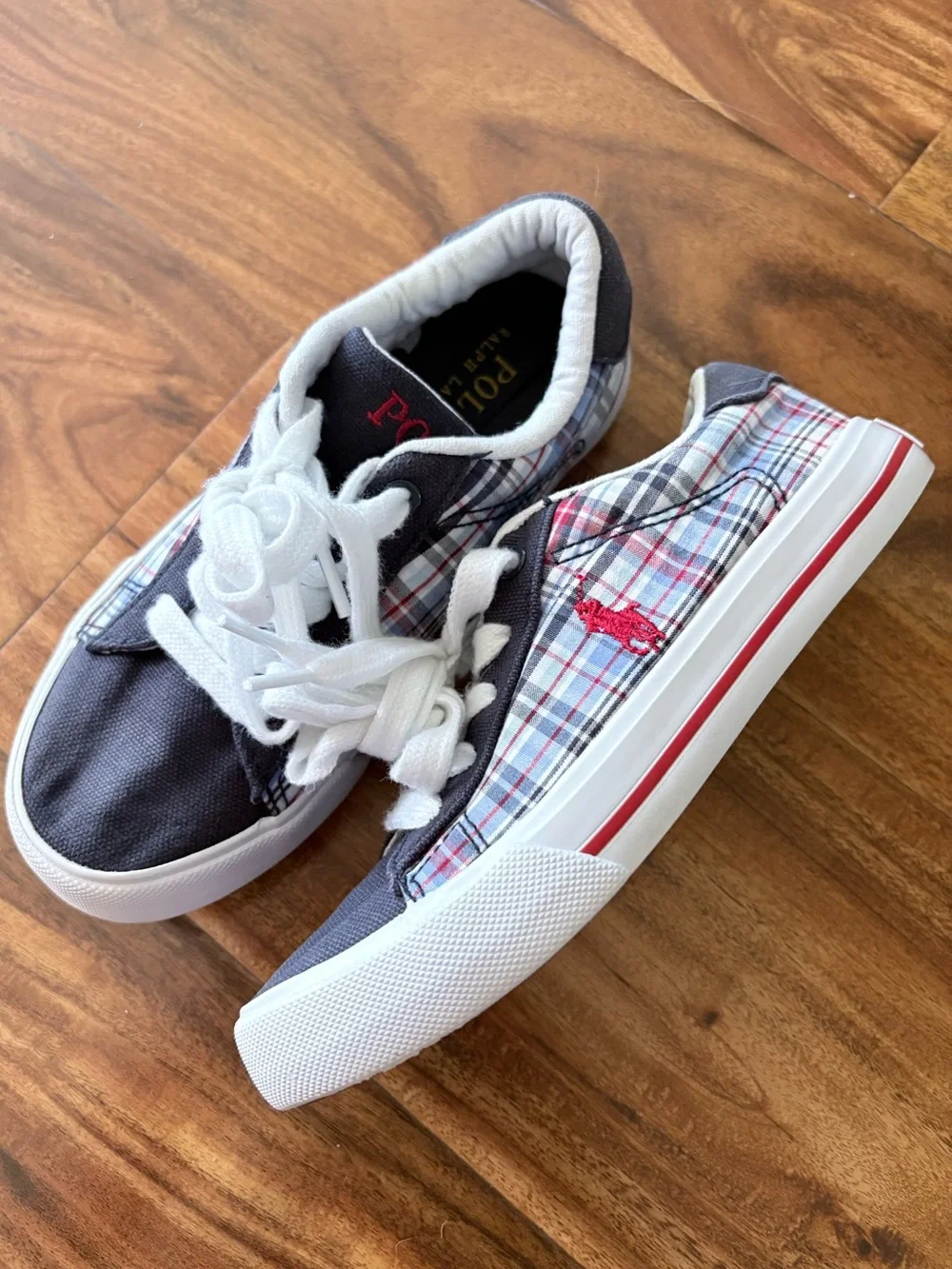 Ralph Lauren Polo Little Kids Navy & Red Plaid Canvas Logo Sneakers 13 Shoes